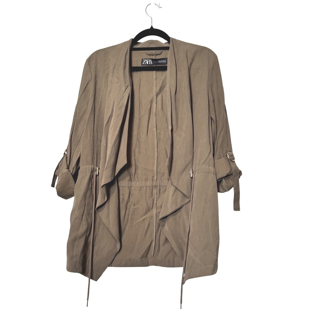 Zara Womens Olive Green Waterfall Draped Open Front Utility‎ Jacket Small
